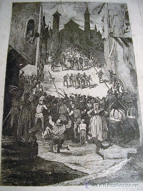 Arte: Fiesta de bodas en un pueblo - aguafuerte antigua