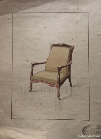 Grabado mueble antiguo. Sello taller de ebanistería y tapicería R. Llimós J. Valverde 22,3x29,4 cm