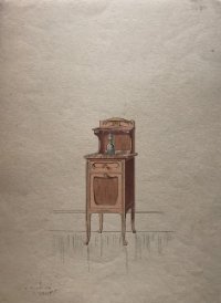 Grabado mueble antiguo. Sello taller de ebanistería y tapicería R. Llimós J. Valverde 21,9x31 cm