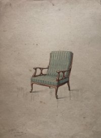 Grabado mueble antiguo. Sello taller de ebanistería y tapicería R. Llimós J. Valverde 21,8x30,9 cm