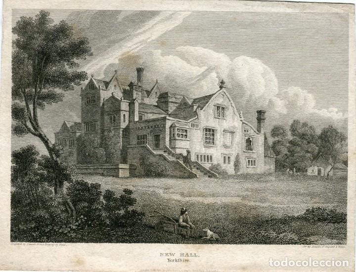 Arte: New Hall, Yorkshire - Grabado original de Stewart sobre dibujo de Neale