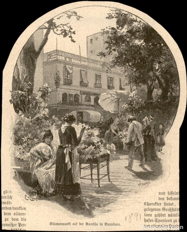 Art: 1891 - Ramblas Barcelona - Extraido Deutsche Illusfrirte Beitung -Tama&ntilde;o grabado aleman 12 x 11 cms