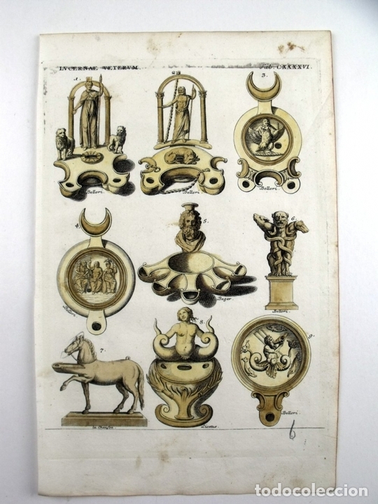 Arte: Tipos de lucernas romanas, 1757. Montfaucon - Foto 1