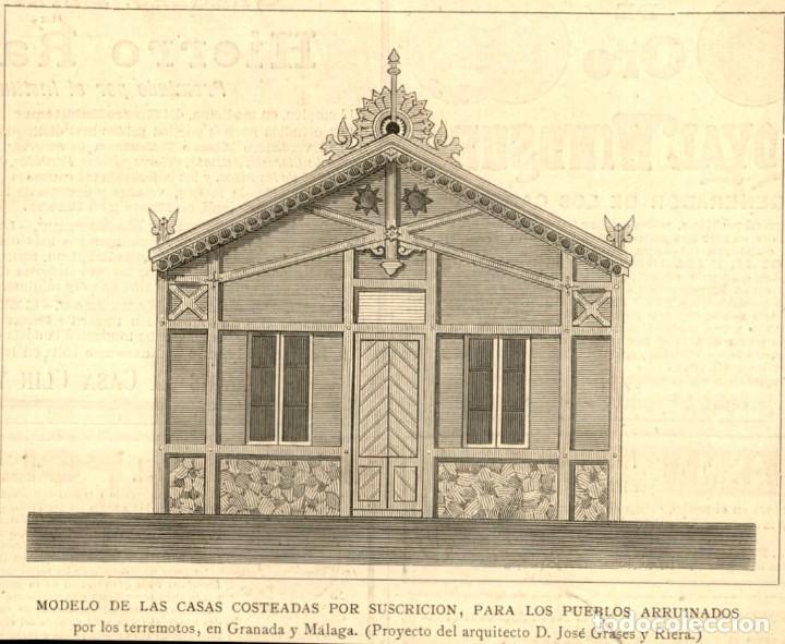 Arte: 1885 - ORIGINAL - Modelos casas economicas terremotos Malaga - La Ilustraci&oacute;n Espa&ntilde;ola y Americana