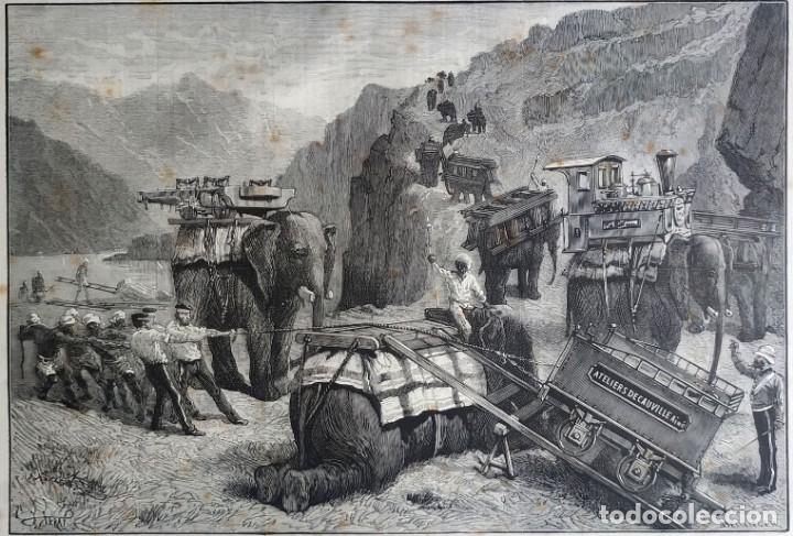Art: 1885 - ORIGINAL - Militar Inglaterra en la India Elefantes - LA ILUSTRACI&Oacute;N ESPA&Ntilde;OLA - Gran tama&ntilde;o