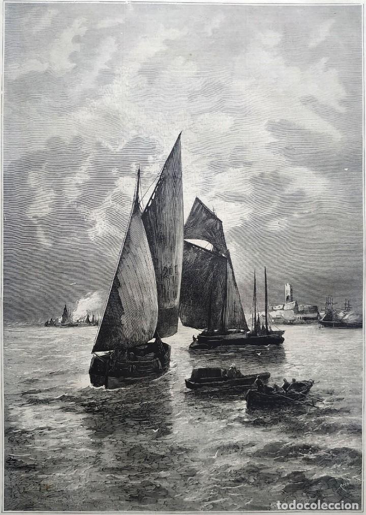 Art: 1885 - ORIGINAL - Barcas de pescadores Normandia Morera - LA ILUSTRACI&Oacute;N ESPA&Ntilde;OLA - Gran tama&ntilde;o