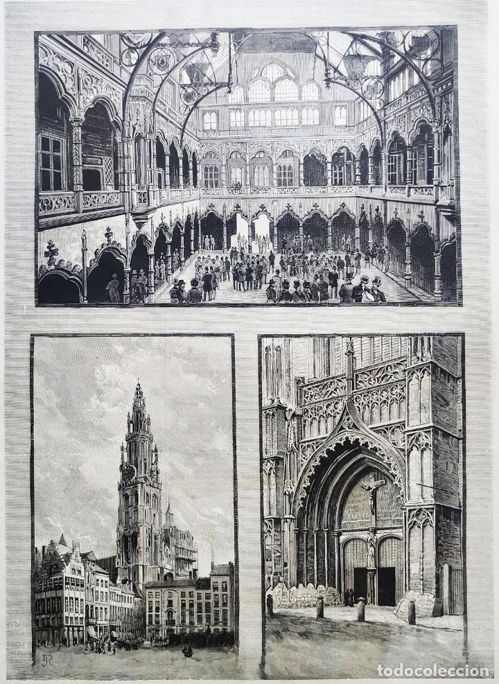 Arte: 1885 - ORIGINAL - Amberes - La nueva Bolsa - Plaza Verde - LA ILUSTRACI&Oacute;N ESPA&Ntilde;OLA - Gran tama&ntilde;o