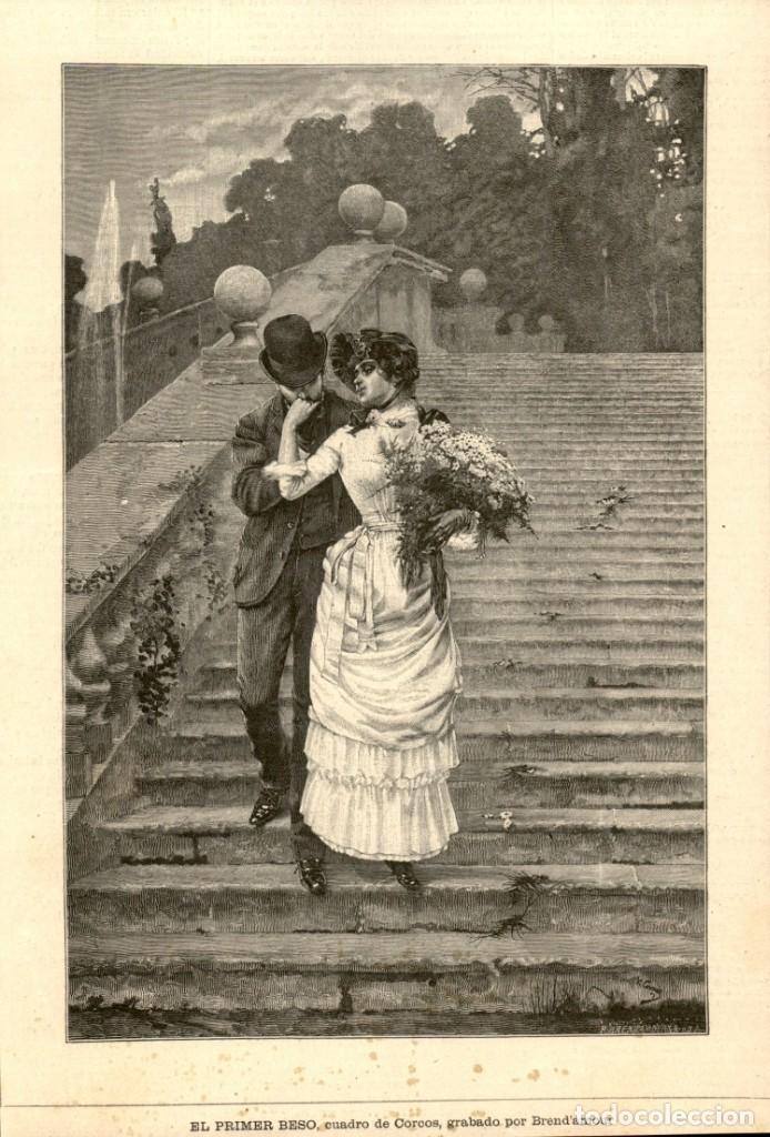 Arte: 1887 - Original - El primer beso - Corcos - Grabado de Bend&acute;amour - La Ilustraci&oacute;n Artistica