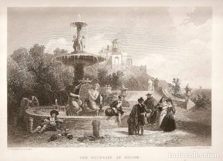 Arte: Vista del siglo XIX de la fuente del Prado en Madrid