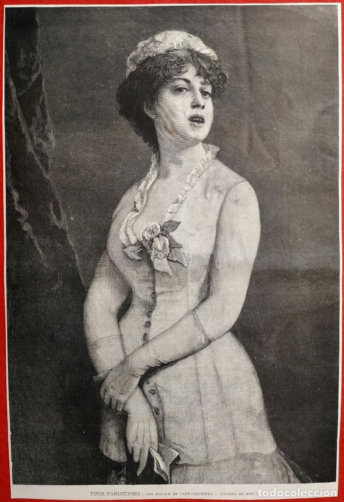 Arte: 1880 - Tipos parisienses - Diva de Cafe concierto - Grandes dimensiones