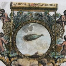 Arte: EMBLEMA BARROCO: PAVO REAL Y MONOS HACIENDO BURBUJAS, 1687. KRAUS/ KOPPMAYER