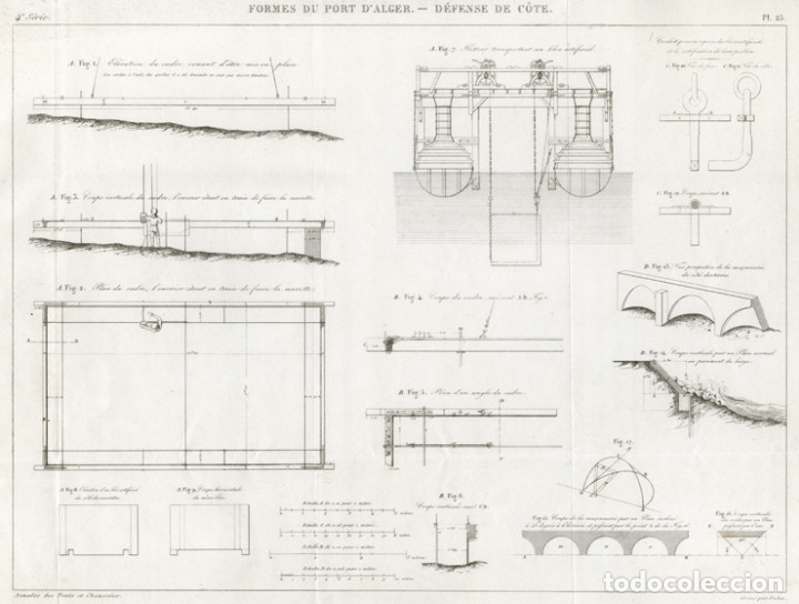 Arte: GRABADO DE INGENIER&Iacute;A CIVIL DE 1862, OBRA E INGENIOS PARA EL ROMPEOLAS DEL PUERTO DE ARGEL, INFOLIO