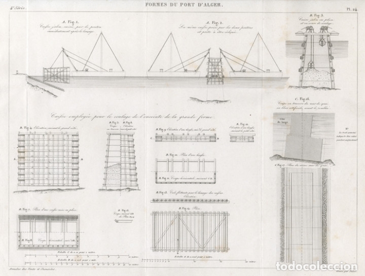 Arte: GRABADO INGENIER&Iacute;A CIVIL DE 1861, INGENIOS DE CIMENTACI&Oacute;N PARA LA CONSTRUCCI&Oacute;N DE MUELLES EN ARGEL