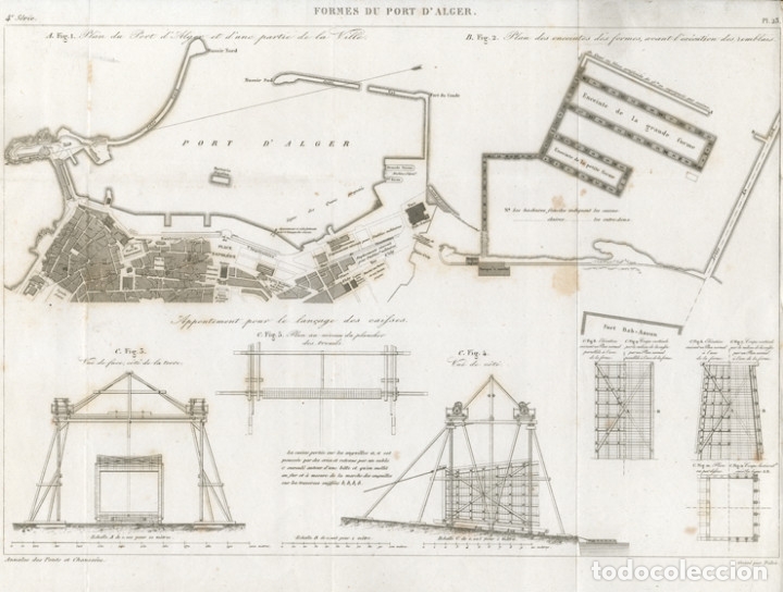 Arte: GRABADO INGENIER&Iacute;A CIVIL DE 1861, NUEVOS MUELLES Y PLATAFORMAS DEL PUERTO DE ARGEL, ARGELIA. INFOLIO