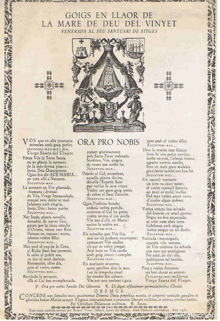 Kunst: GOIGS EN LLAOR DE LA MARE DE DEU DEL VINYET. Venerada al seu Santuari de Sitges. - Vives i Sabat&eacute;.