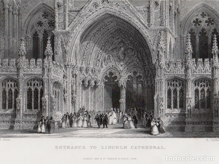 Art: GRABADO AL ACERO DE 1844, VISTA DE LA CATEDRAL DE LINCOLN, ENTRADA SURORIENTAL, THE JUDGEMENT PORCH