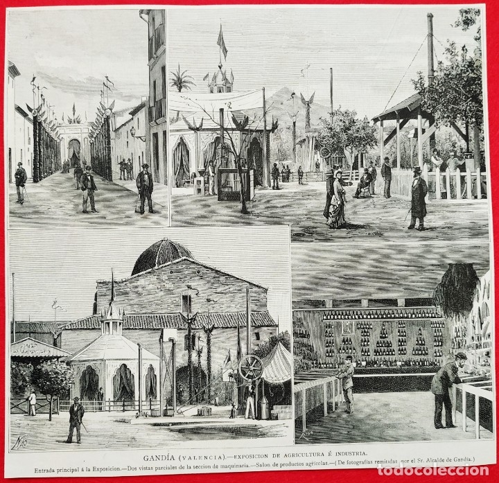 Arte: 1881 - Gandia Valencia Exposicion agricultura e industria - La Ilustraci&oacute;n Espa&ntilde;ola - 23 x 20 cms