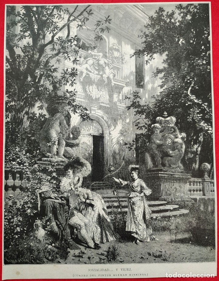 Arte: 1881 - Jovialidad y vejez Pintor Hinnings - La Ilustraci&oacute;n Espa&ntilde;ola - 28 x 23 cms