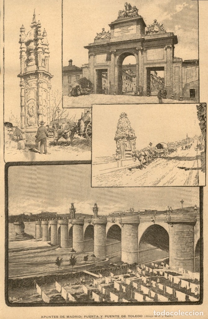 Arte: 1888 - Apuntes de Madrid - Puerta y Puente de Toledo P. y Valor - La Ilustraci&oacute;n Iberica