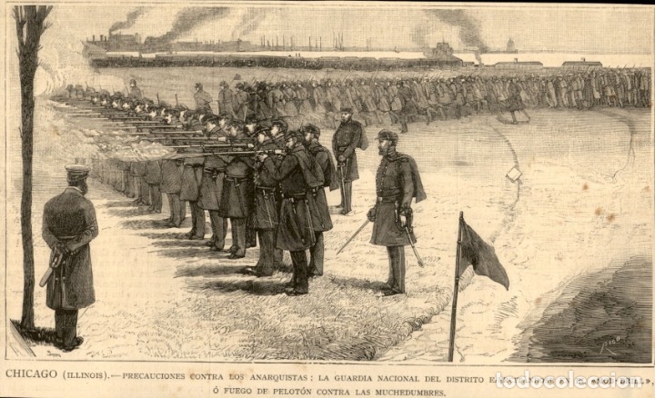 Kunst: 1886 - Chicago - Illinois . Fuego contra los anarquistas - Mob-Drill - La Ilustraci&oacute;n Espa&ntilde;ola
