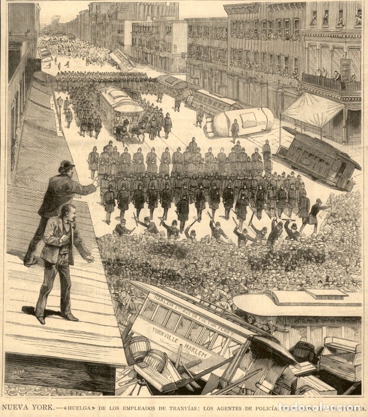 Arte: 1886 - Nueva York - Huelga de los empleados de tranvia Policia - La Ilustraci&oacute;n Espa&ntilde;ola