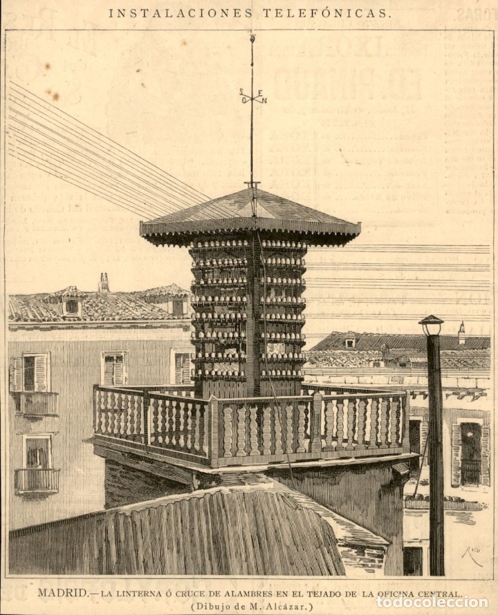 Kunst: 1886 - Madrid - Instalaciones telefonicas - Linterna o cruce de alambres - La Ilustraci&oacute;n Espa&ntilde;ola