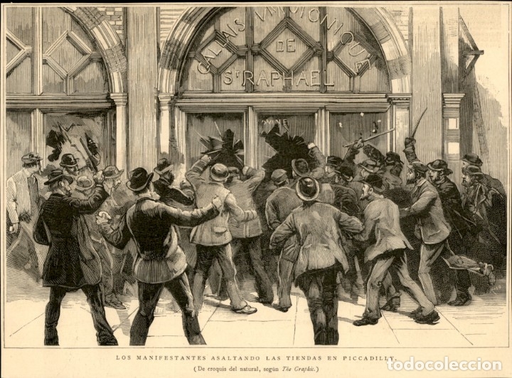Kunst: 1886 - Manifestantes piquetes asaltando las tiendas de Picadilly - La Ilustraci&oacute;n Espa&ntilde;ola
