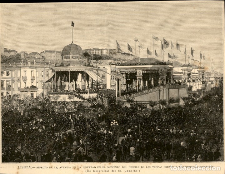 Kunst: 1886 - Lisboa - Avenida de la Libertad - Desfile de Tropas - La Ilustraci&oacute;n Espa&ntilde;ola
