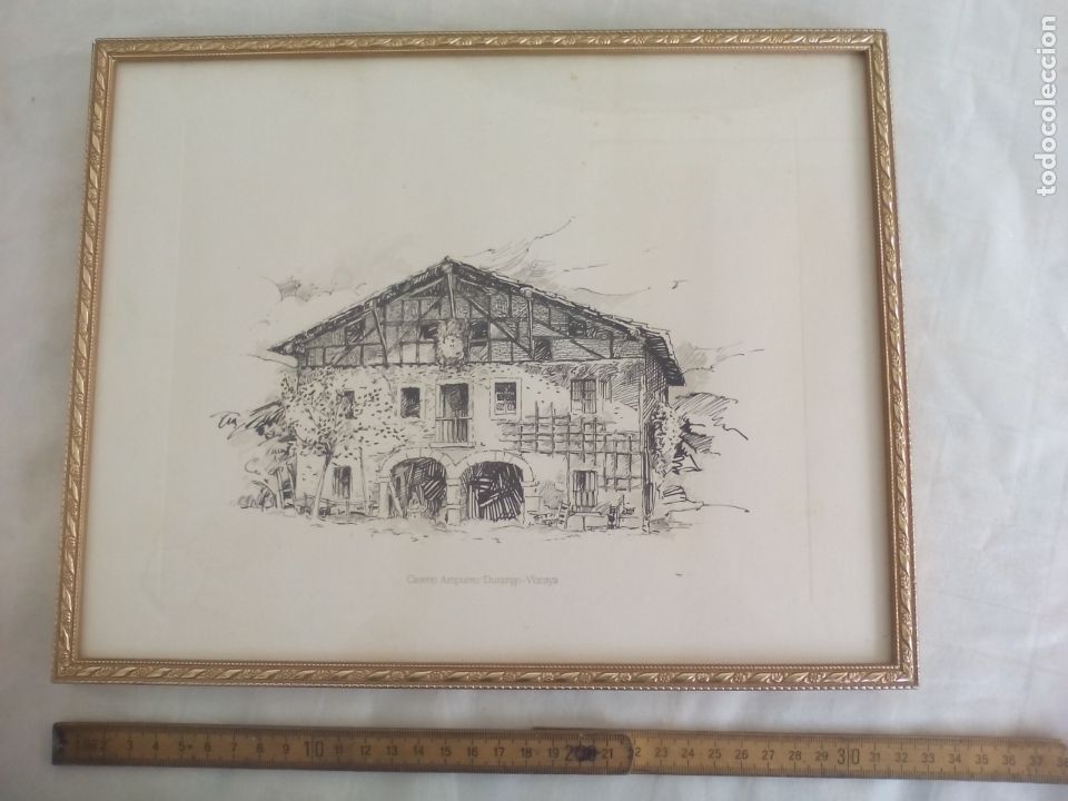 Kunst: CASERIO DE AMPUERO/FURANGO-VIZCAYA. GRABADO O LITOGRAF&Iacute;A ENMARCADA CON CRISTAL. L&Aacute;MINA.