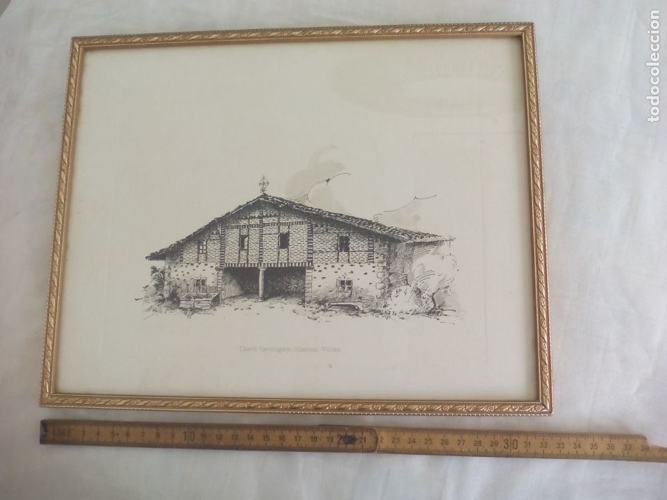 Kunst: CASERIO DE GAZTELUGOITIA/ABADIANO-VIZCAYA. GRABADO O LITOGRAF&Iacute;A ENMARCADA CON CRISTAL. L&Aacute;MINA.