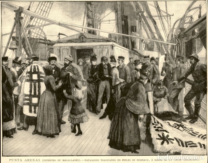 Arte: 1889 - Punta Arenas Estrecho de Magallanes Pieles de Guanaco - La Ilustraci&oacute;n Espa&ntilde;ola