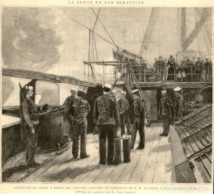 Arte: 1889 - Espa&ntilde;a - Crucero Colon . Ejercicios de ca&ntilde;on - S.M. la Reina - La Ilustraci&oacute;n Espa&ntilde;ola