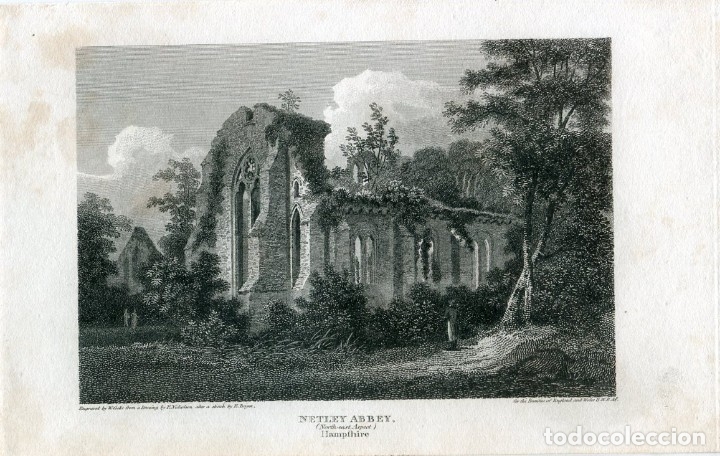 Arte: Hampshire, abad&iacute;a de Netley - Grabado original de W. Cooke - hacia 1800