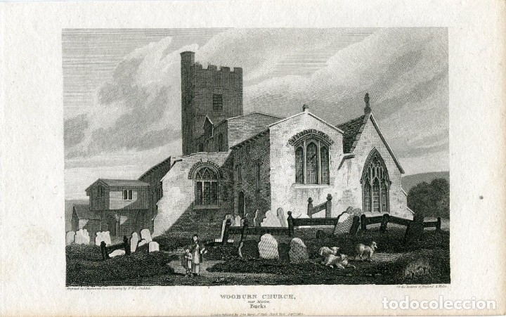 Arte: Iglesia de Wooburn, Marlow - Grabado original de J. Hawksworth - s. XIX