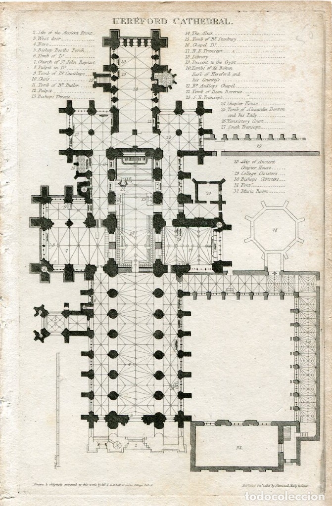 Arte: Planta de la catedral de Hereford - Grabado original de T. Garbett - 1815