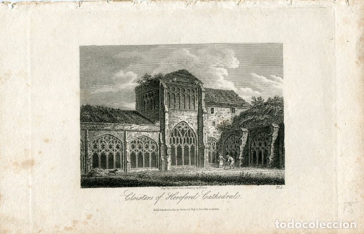 Art: Claustro de la catedral de Hereford - Grabado original de J. Storer - 1815