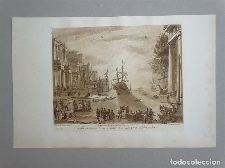 Arte: Gran puerto, edificios, barcos y personas trabajando. Ulises., 1774. Lorrain/Earlom/Boydell - Foto 2