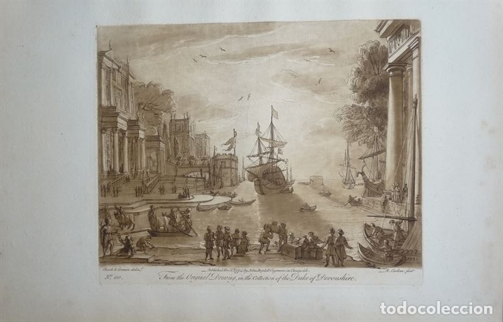 Arte: Gran puerto, edificios, barcos y personas trabajando. Ulises., 1774. Lorrain/Earlom/Boydell - Foto 3