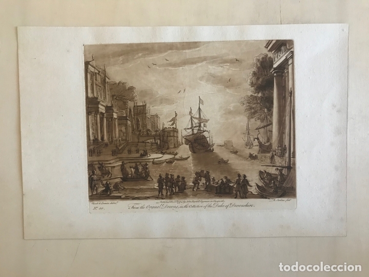 Arte: Gran puerto, edificios, barcos y personas trabajando. Ulises., 1774. Lorrain/Earlom/Boydell - Foto 4