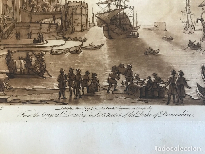 Arte: Gran puerto, edificios, barcos y personas trabajando. Ulises., 1774. Lorrain/Earlom/Boydell - Foto 12