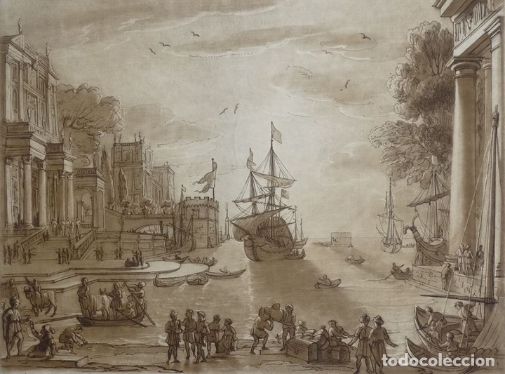 Arte: Gran puerto, edificios, barcos y personas trabajando. Ulises., 1774. Lorrain/Earlom/Boydell - Foto 1