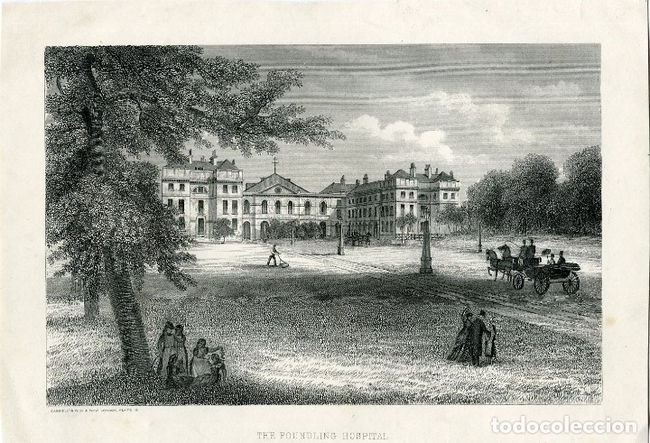 Arte: The Foundling Hospital, Londres - Grabado original Old and New London 1878