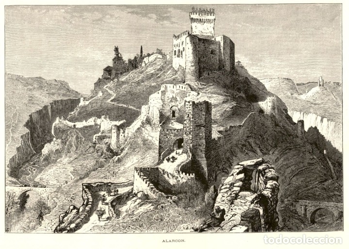 Arte: 1850 - Alarcon - Castillo - Picturesque Europe - Xilografia - Grabado aleman sobre cobre