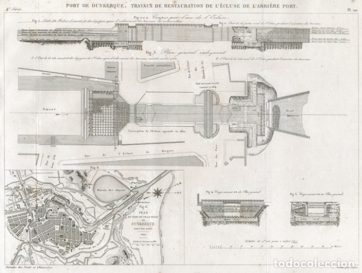 Arte: GRABADO DE INGENIER&Iacute;A CIVIL DE 1866, TRABAJOS DE RESTAURACI&Oacute;N DE LA ESCLUSA DEL PUERTO DE DUNKERQUE