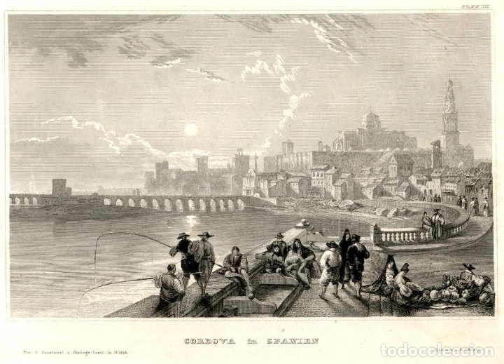 Arte: 1850 Cordoba. Catedral Puente - Grabado aleman sobre cobre original de epoca