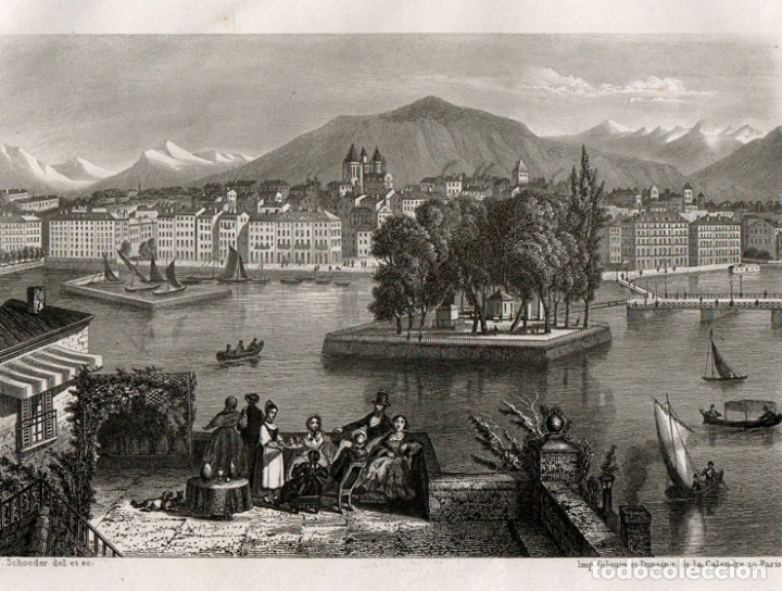 Arte: GRABADO AL ACERO DE 1858, VISTA DE GINEBRA, SUIZA, ROMAND&Iacute;A, GENF, GEN&Egrave;VE, LEM&Aacute;N. GRAV&Oacute; J. SCHROEDER