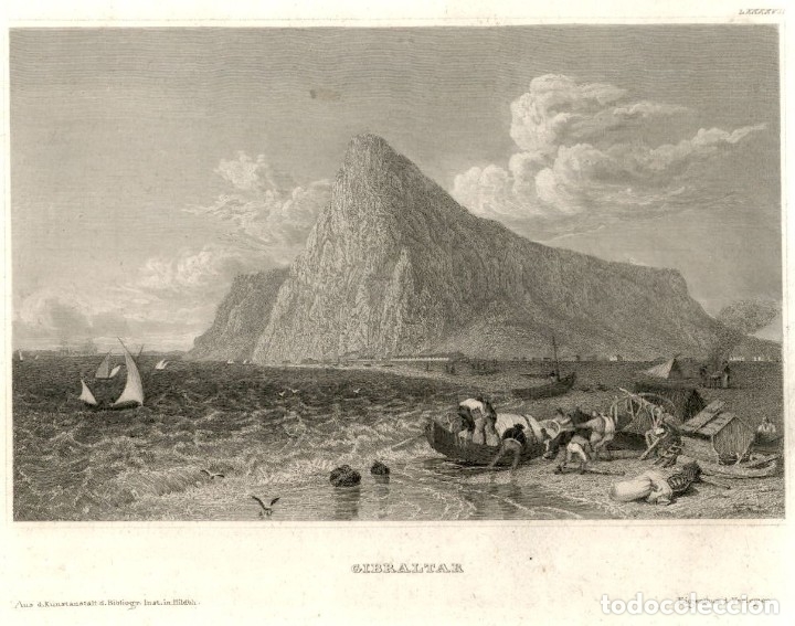 Art: 1842 - Gibraltar. Cadiz - Grabado aleman sobre plancha de acero de 1839. Original