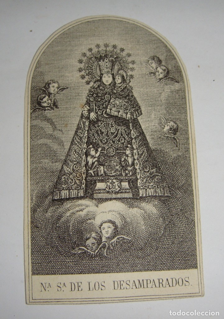 Arte: Grabado religioso Virgen de los Desamparados &middot; Oraci&oacute;n e indulgencia &middot; S.XIX, ca. 1850