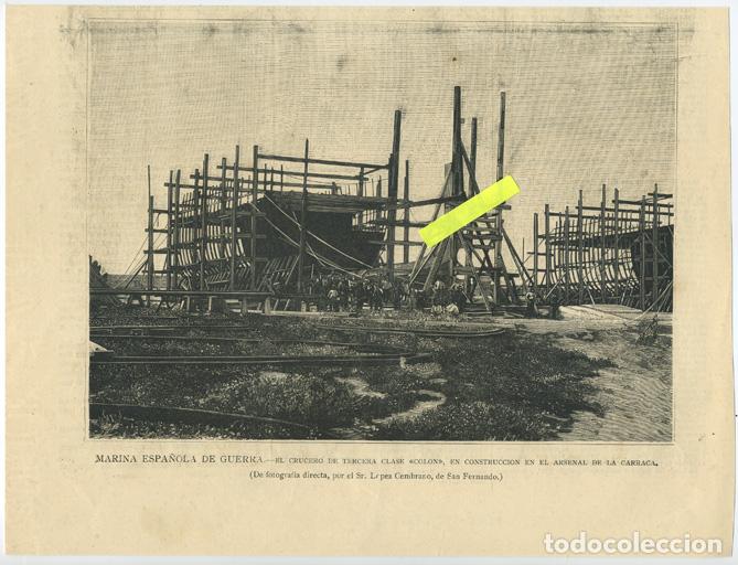 Arte: Marina Espa&ntilde;ola de Guerra. El crucero de tercera clase Col&oacute;n en construcci&oacute;n en el arsenal de...