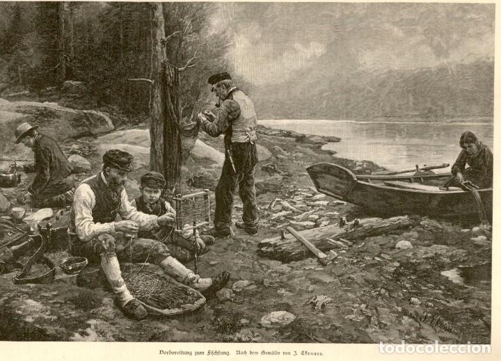 Art: 1850 - Arte de la pesca - pescadores - Grabado aleman de Deutsche Illusfrirte Beitung